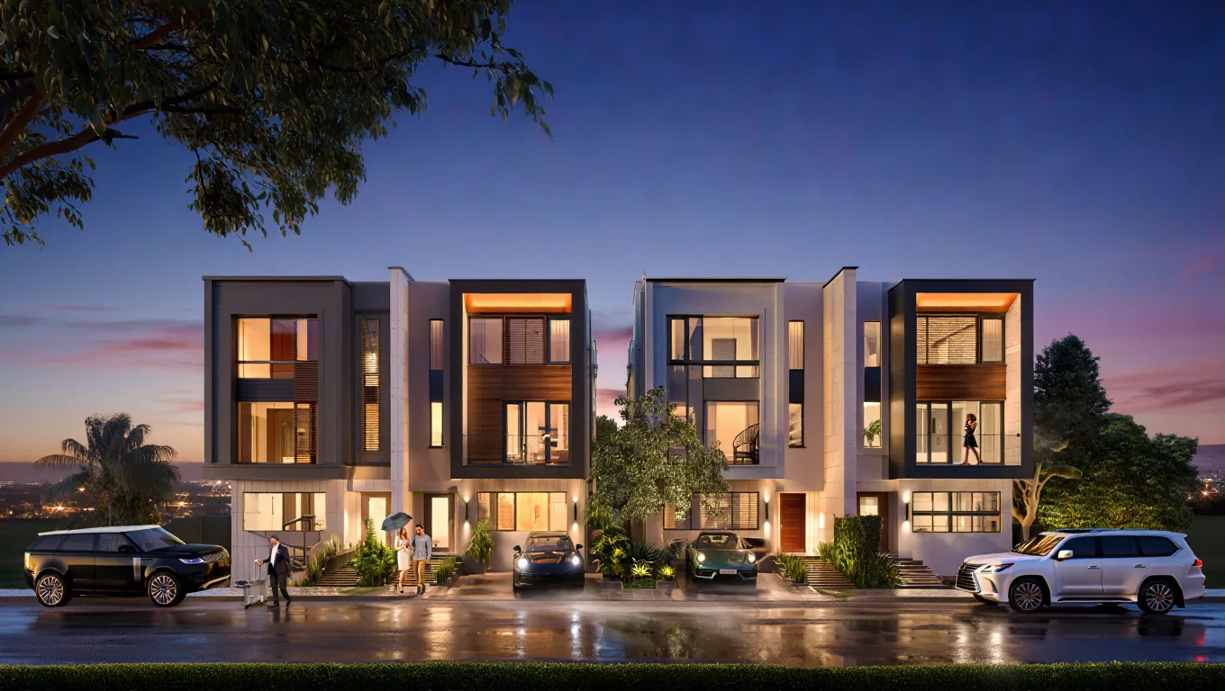 Luxury contemporary townhouses at twilight